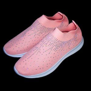 NWOT Women's Pink Rhinestone Mesh Slip-on Sock Shoes Sneakers Size 7 1/2!